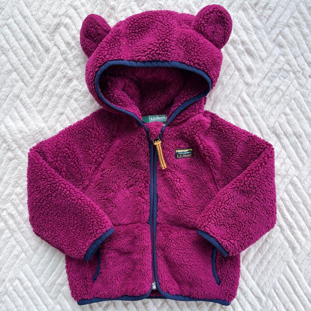 L.L. Bean Baby 6-12M Hi-Pile Fleece Bear Ear Hooded Jacket Cozy Magenta Purple